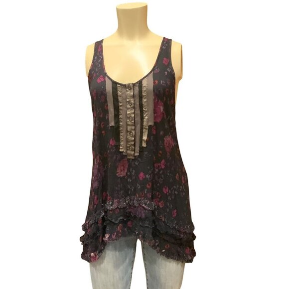 Free People Women's size 8P Sleeveless Dark Blue/Pink floral Racerback Pull on - Picture 1 of 14